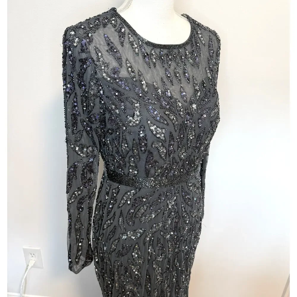 Mac Duggal 5124 Beaded Long Sleeve Evening Gown In Charcoal Size 8 New - Picture 7 of 16